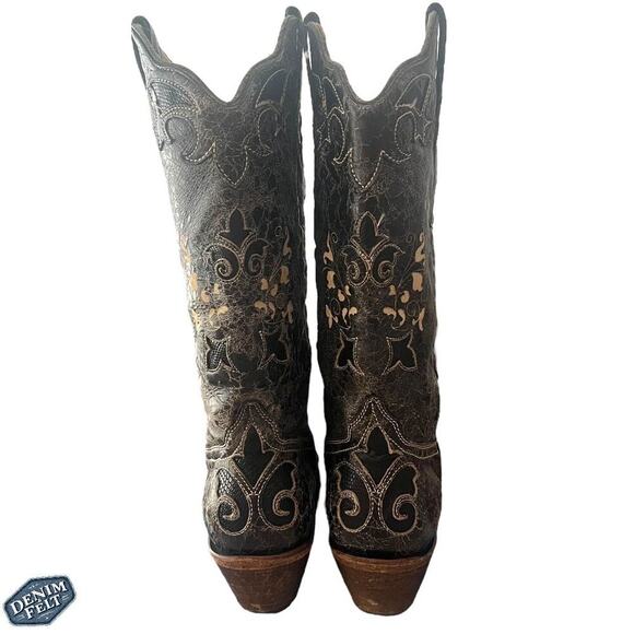 CORRAL Vintage Black Leather w/ Lizard Inlay Snip Toe Western/Cowboy Boots - Picture 5 of 16